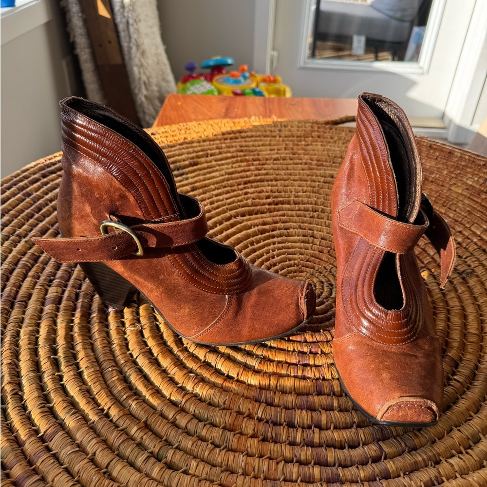 Women’s Brown Leather Peep-Toe Heel Booties with Strap